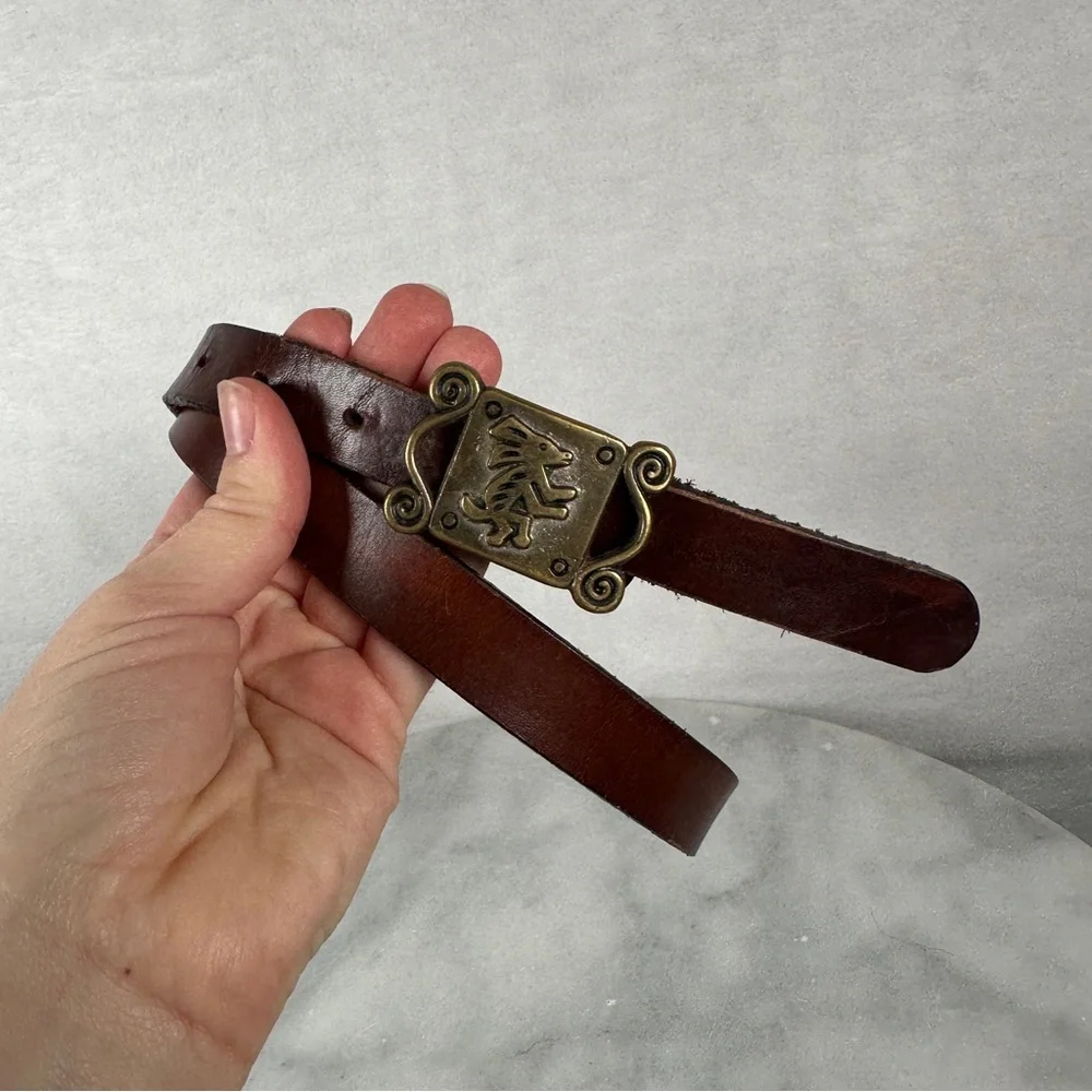 Vintage Chico’s large‎ Brown Leather Belt Brass Buckle thin boho bohemian
